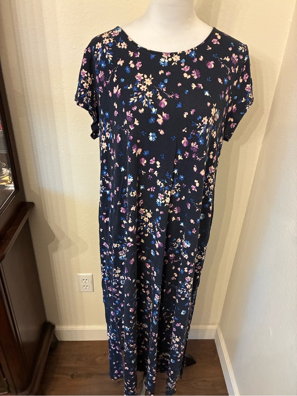 J. Jill Navy Floral Maxi Dress with Purple & Blue Blooms